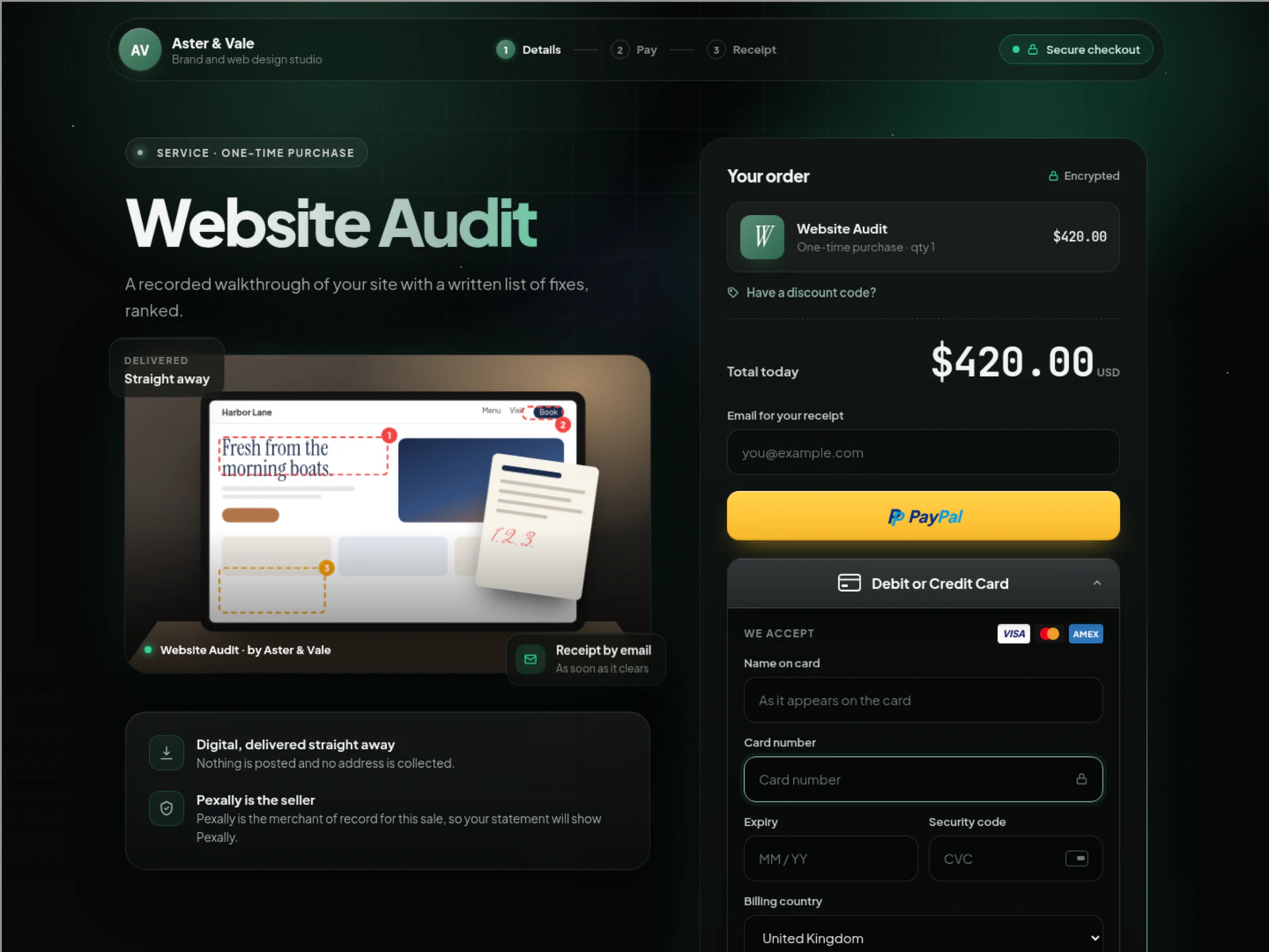 A product's checkout page: the order, PayPal and the card form.