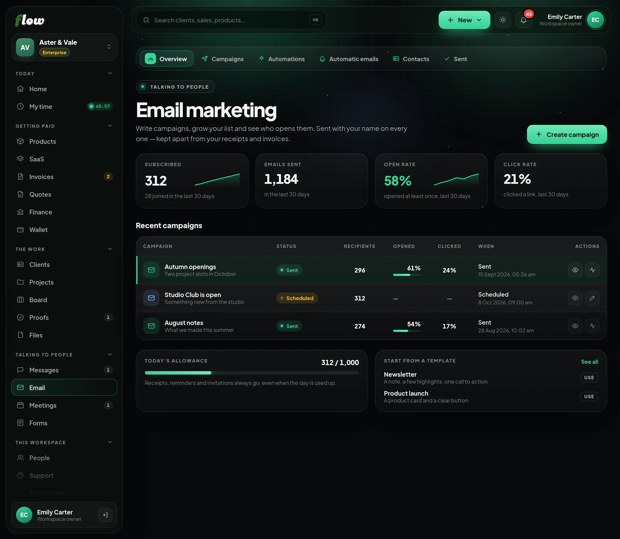 Email marketing: subscribers, emails sent, open and click rates, and recent campaigns.