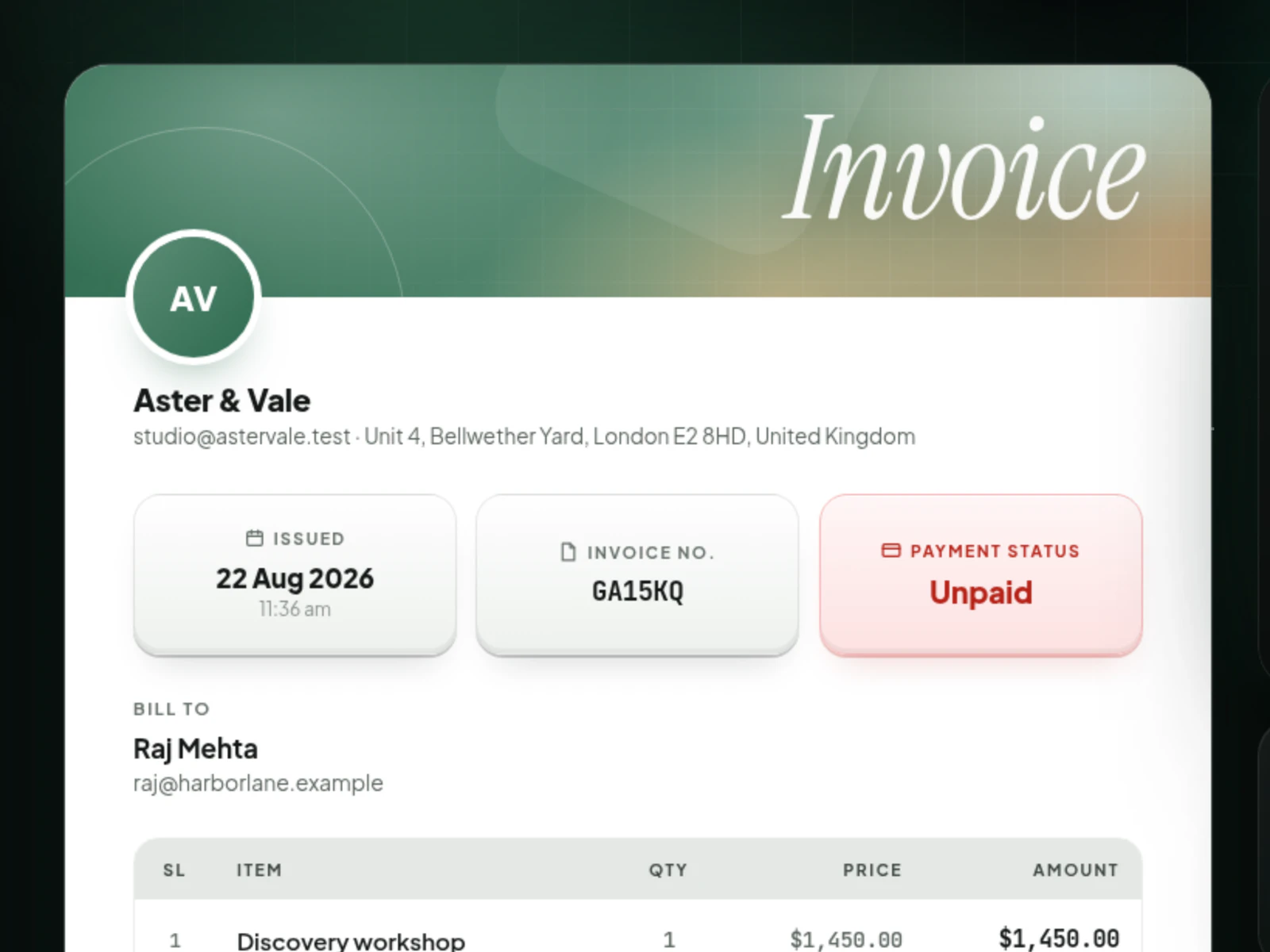 A public invoice your client opens and pays.
